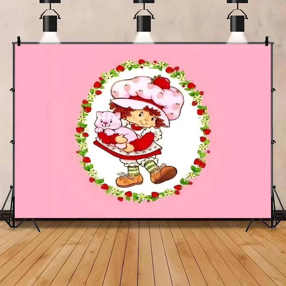 Strawberry Shortcake Cartoon Festive Photo Backdrop Banner - Polyester Family Party Decorations, Home Decor Banner, Indoor Backdrops, Photography Tapestry, Cute Character Theme Photo Booth Wall Supplies