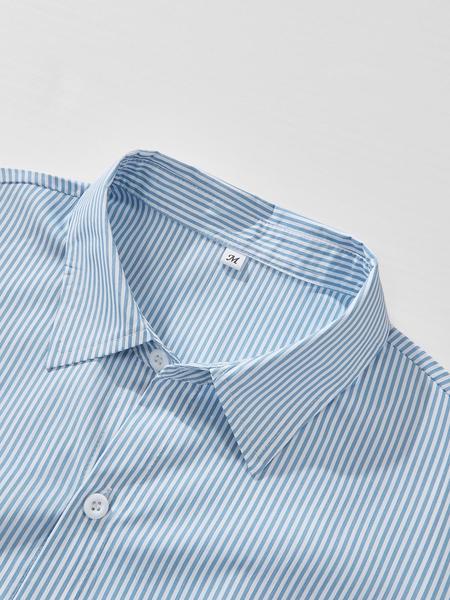 Men's Slim Fit Woven Striped Short Sleeve Casual Blue Shirt