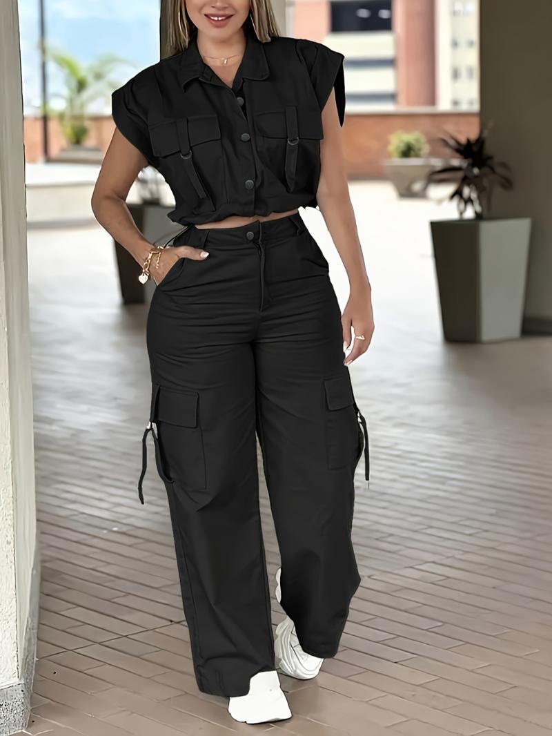 Women's Solid Button Front Tank Top & Cargo Pants, Casual Fashion Cozy Two-piece Set for Daily Outdoor Wear, Ladies Clothes for Summer