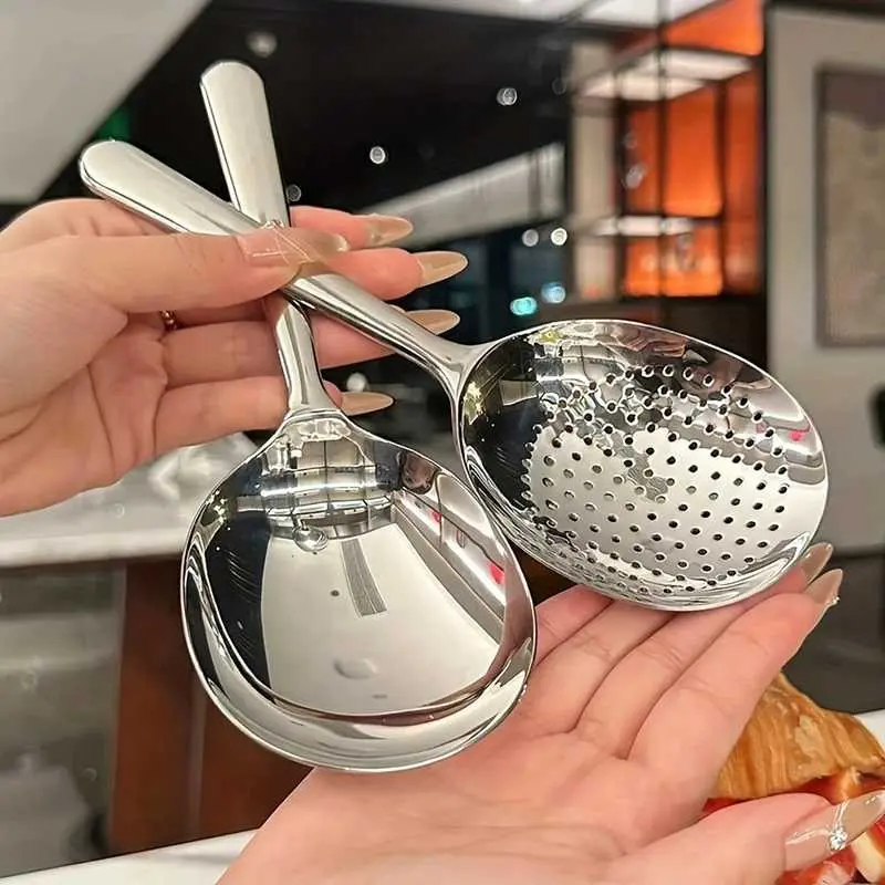 Stainless Steel Large Serving Spoon Set, Heat-Resistant Handle, Drain Hole, Easy Clean, Restaurant & Home Kitchen Use, Durable Cutlery