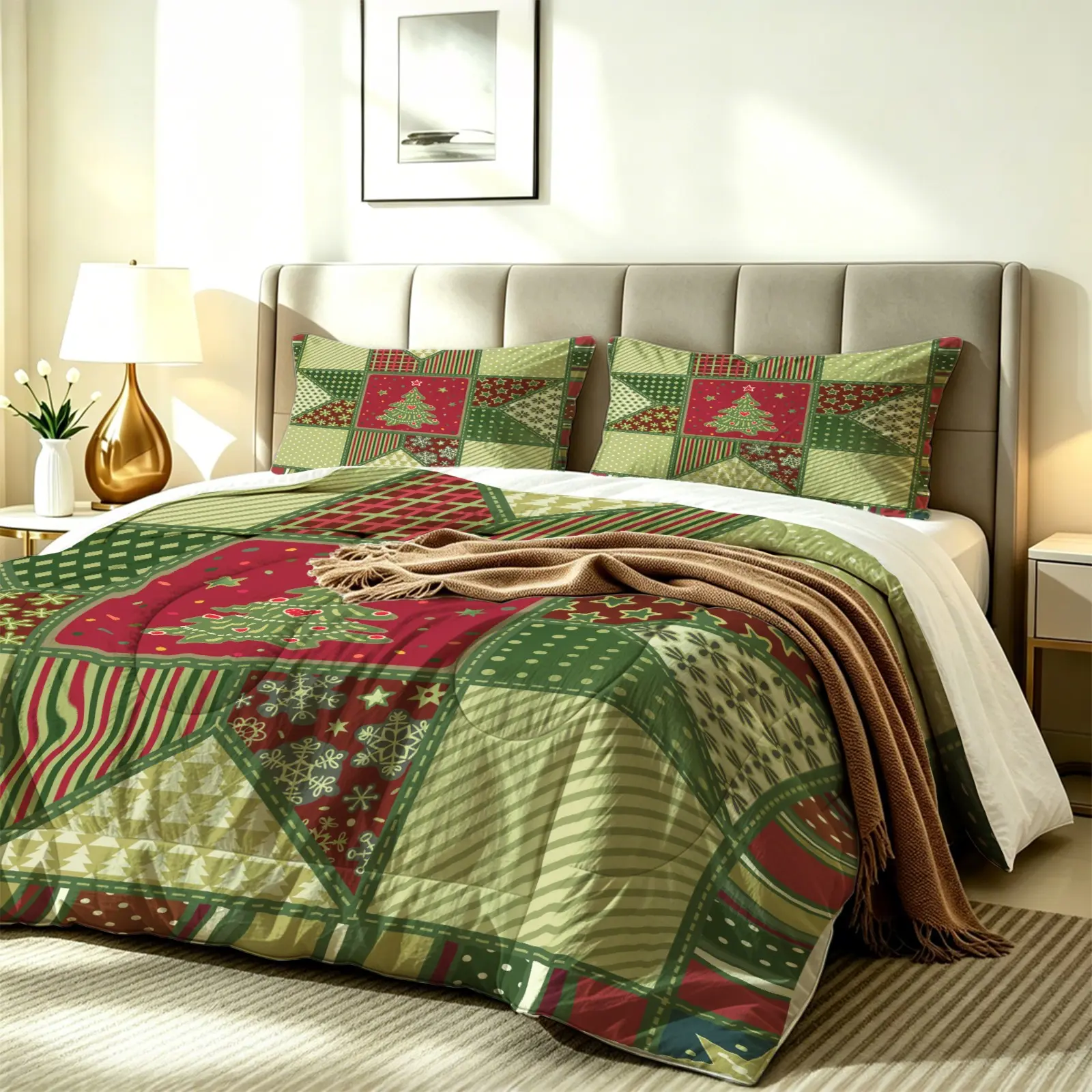 2/3Pcs Vintage Christmas Patchwork Santa Gingerbread House Comforter Set, Soft Quilt Bedding Set With Pillowcases For Family Bedroom & Holiday Apartment Decor, Bright HD Digital Print, Creates Warm Cozy Christmas Holiday Living Atmosphere
