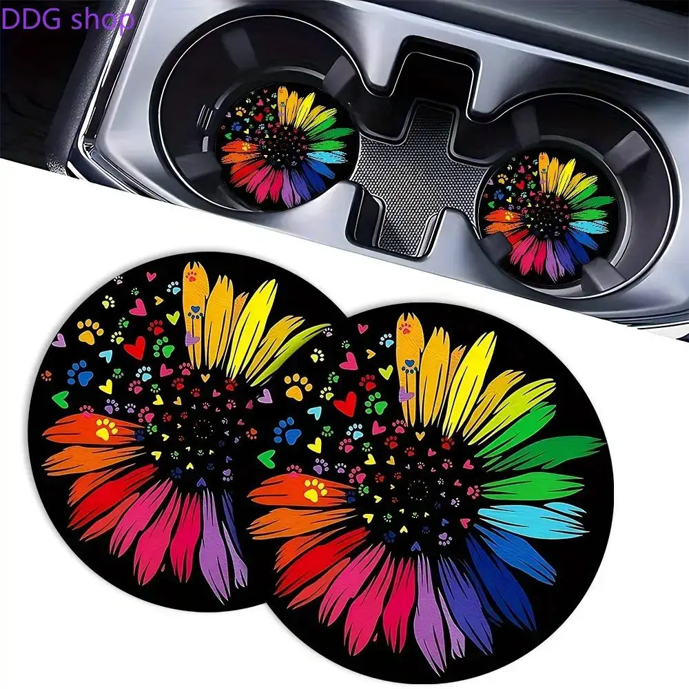 2pc Rainbow Sunflower Car Cup Holder Coasters, Colorful Pet Paw Print Car Coasters, Absorbent Rubber Anti-Slip Auto Cup Mat, Trendy Pride Car Interior Decor Gift
