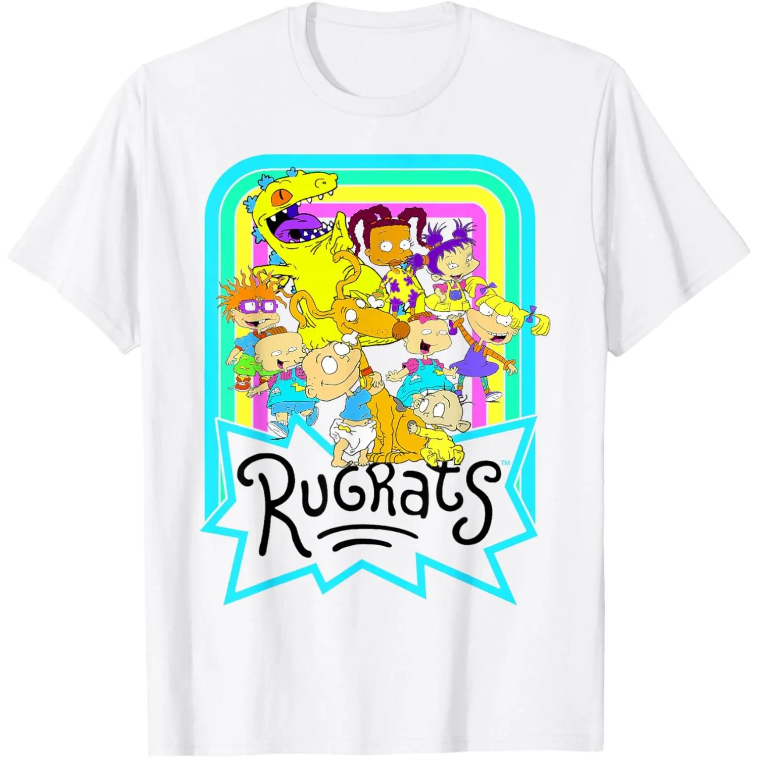 Men's Cotton Short Sleeve Graphic T-Shirt - Rugrats Reptar Neon Print, Round Neck, Foldable, Preppy Casual Street Athletic Wear, All Seasons Fit, Holiday Appropriate, Easy Care
