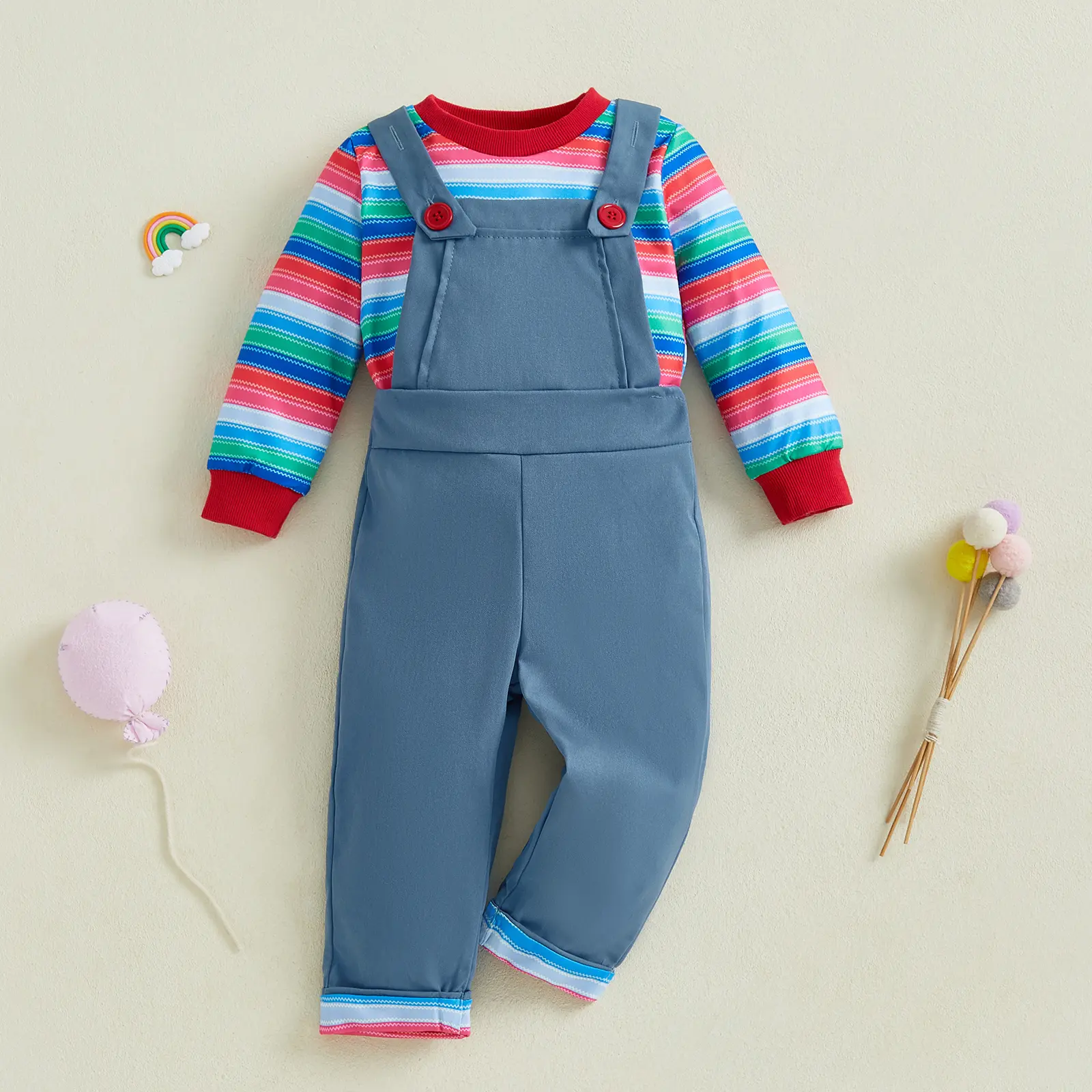 Baby 2Pcs Fall Outfits Long Sleeve Striped Print Tops and Suspender Pants Set Toddler Cosplay Costume