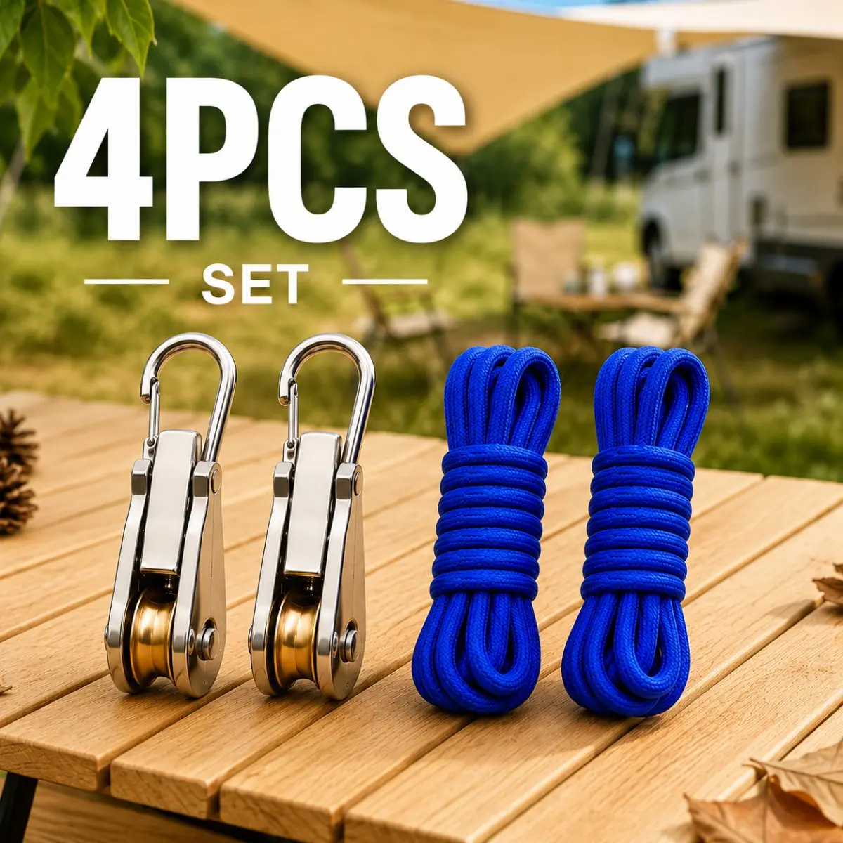 Adjustable Rope Ratchet Hanger Kit, Pulley System with Locking Carabiners, 100 lb Load Capacity, Metal Hooks and Nylon Rope for Camping Tents, Awnings, Clotheslines and Outdoor Gear, Portable Tie Down Accessory