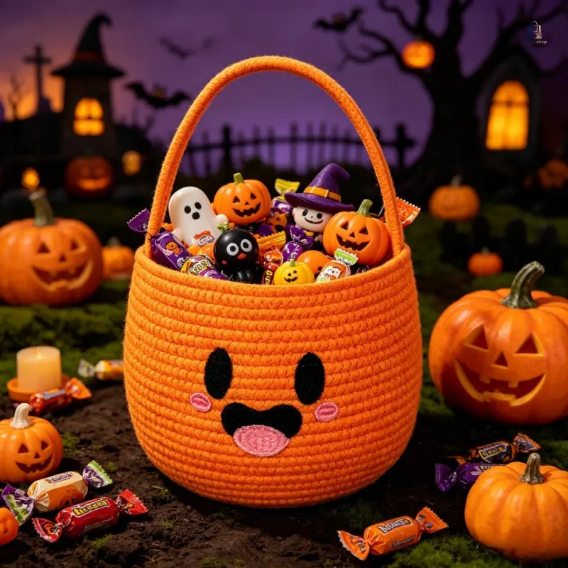 Storage Basket, Popular Halloween Ghost Cotton Rope Basket, Niche Large Handheld Organizer Bin, Spacious Creative Storage Basket for Candy Toys Kids Gifts Home Party Decor