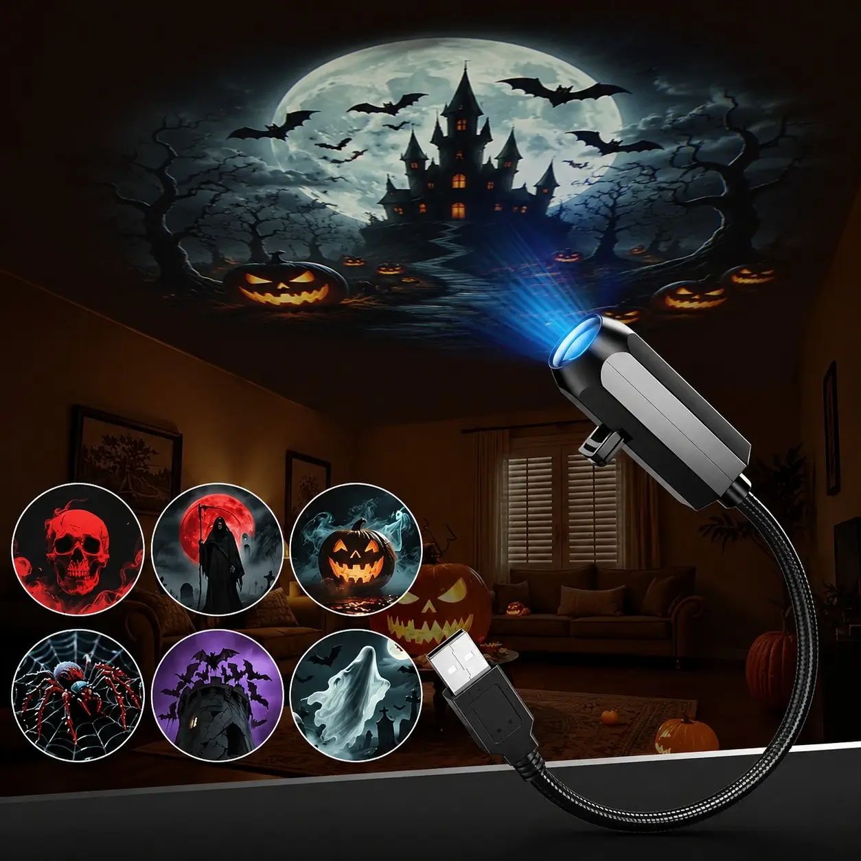 Halloween Projector Light, 6 Interchangeable Patterns, USB Spooky Projector Light, 306-degree Rotation, Halloween Home/Indoor/Outdoor Party Decoration, Night Projector Light, Creates a Mysterious Dark Halloween Atmosphere