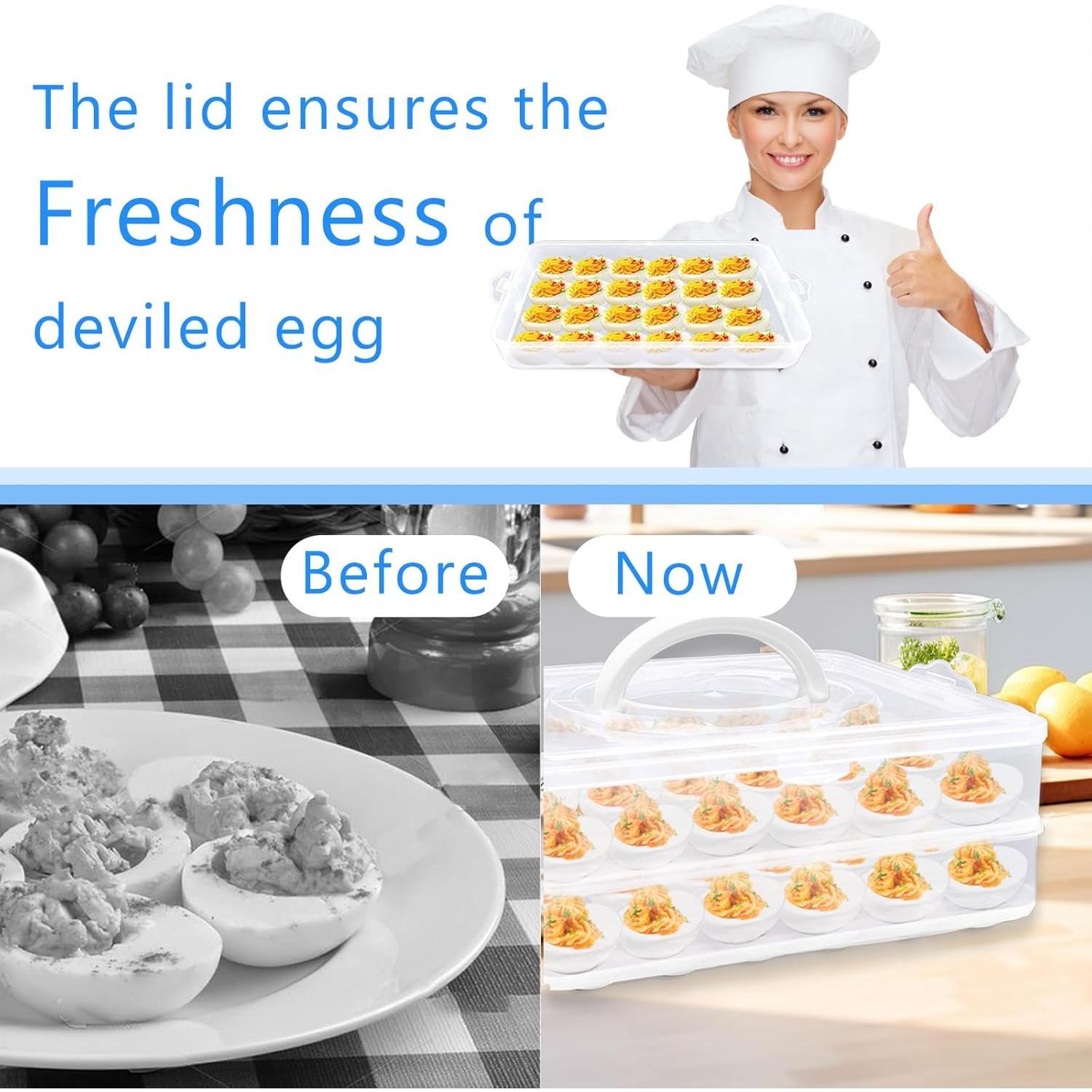 2 Layers Deviled Egg Containers with Lid,48 Slots Deviled Eggs Holder with Handle,Plastic Egg Tray,Portable Egg Storage Carrier Platter for Easter,Thanksgiving Day,Party,Picnic