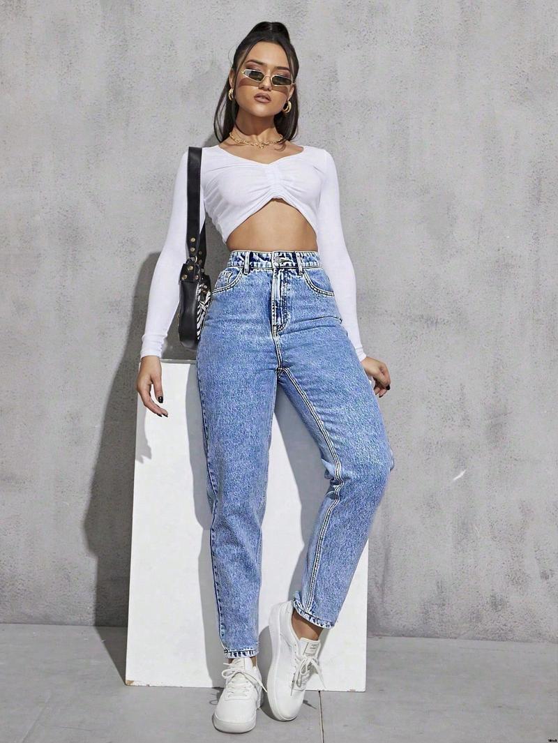 Jeans version mom high waist solid color high waist SHEIN