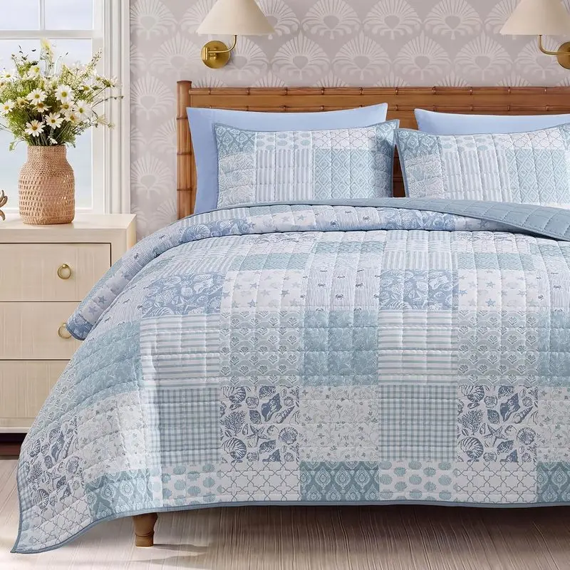 Twin Twin XL Quilt Set 2 Piece Floral Patchwork Bedding Set Sea Blue Lightweight Reversible Coverlet Soft Bedspread with Pillow Sham