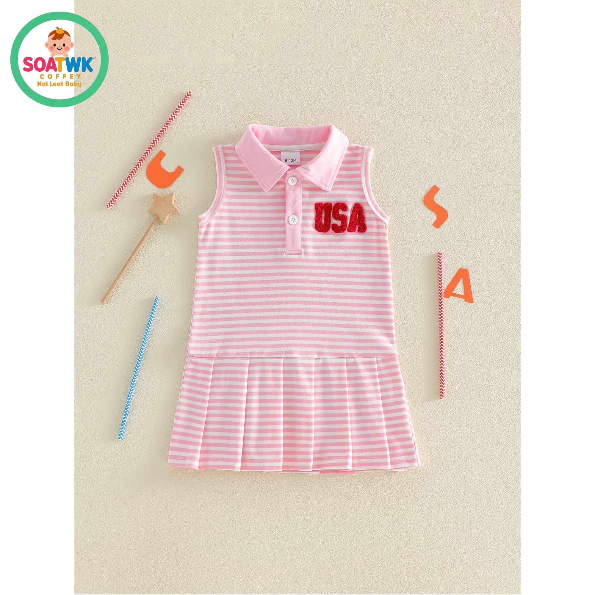 Toddler Baby Girls Patriotic Dress Fashionable 4th of July Letters Embroidery Sleeveless Collared Striped Dress