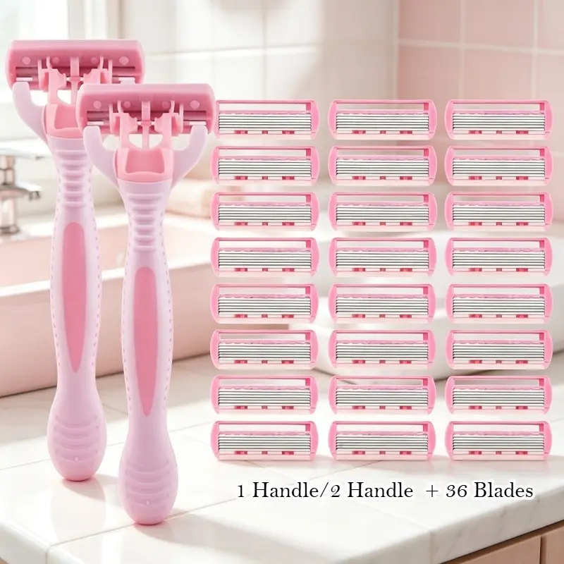 Portable Women's Body Shaving Razor Kit, Pink 5-Blade Safe Razor with Lubricating Strip, Non-Slip Handle with Replacement Blades, Smooth & Gentle Shaving Without Irritation