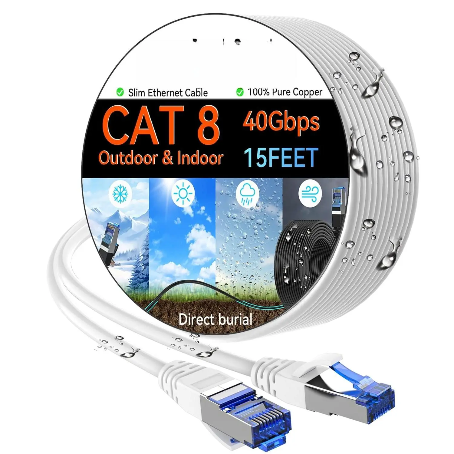 Cat8 Ethernet Cable, 15ft Slim High-Speed 8-Port Pure Copper with 40Gbps Bandwidth 2000MHz, Direct Burial Indoor/Outdoor Flexible White High-Speed Data Network Solution