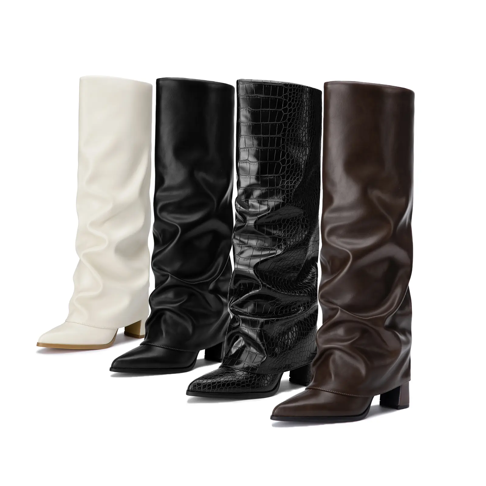 Athlefit Women's Chunky Fold Over Knee High Footwear - PU Leather, 3.17-in Pointed Toe Heels, Inner Zipper, Slouchy, Slip Resistant, Easy On/Off, Retro Casual Party Wear Shoe for Fall Winter Shopping