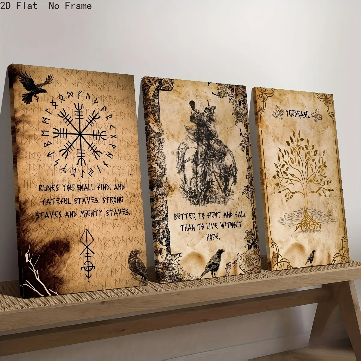 2D print, 3-piece set of antique Viking warrior engravings, vintage illustration of a Nordic horseman, Tree of Life print, creative Nordic symbol poster, interior home wall art, canvas print painting, perfect room decoration