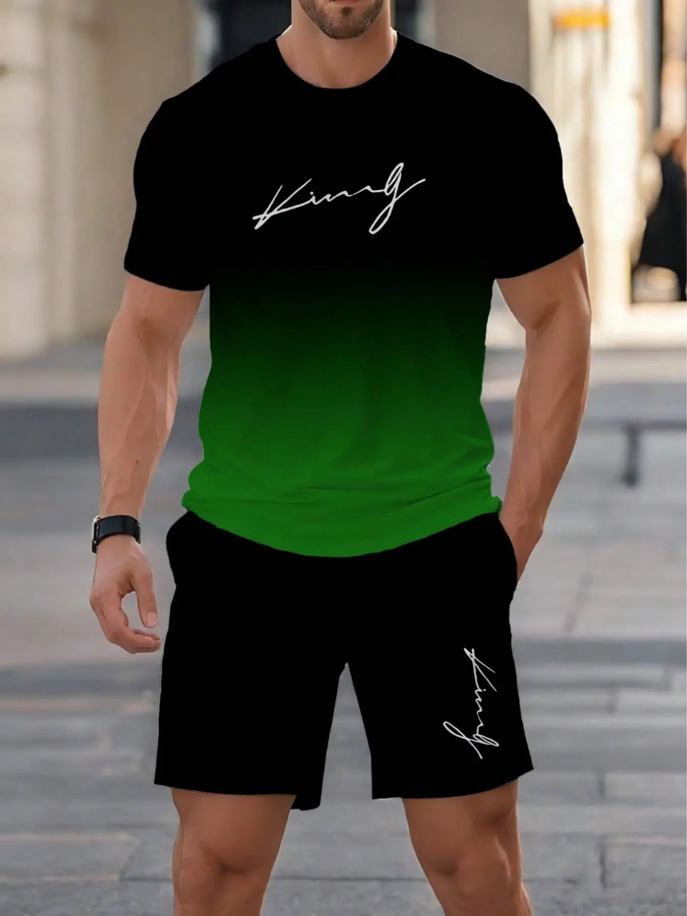 Men's Casual Gradient Letter Print Round Neck Short Sleeve Tee and Drawstring Shorts Set, Comfortable Summer, 100% Polyester
