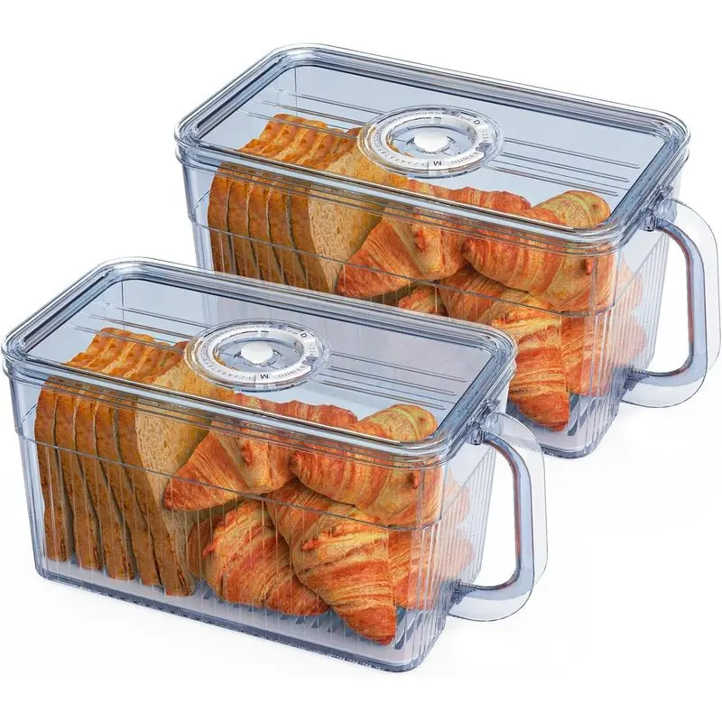 Rectangular Airtight Bread Box with Time Recording Feature - Transparent Kitchen Countertop Storage Container, Bread Keeper Organizer for Toast, Loaf, Bagels