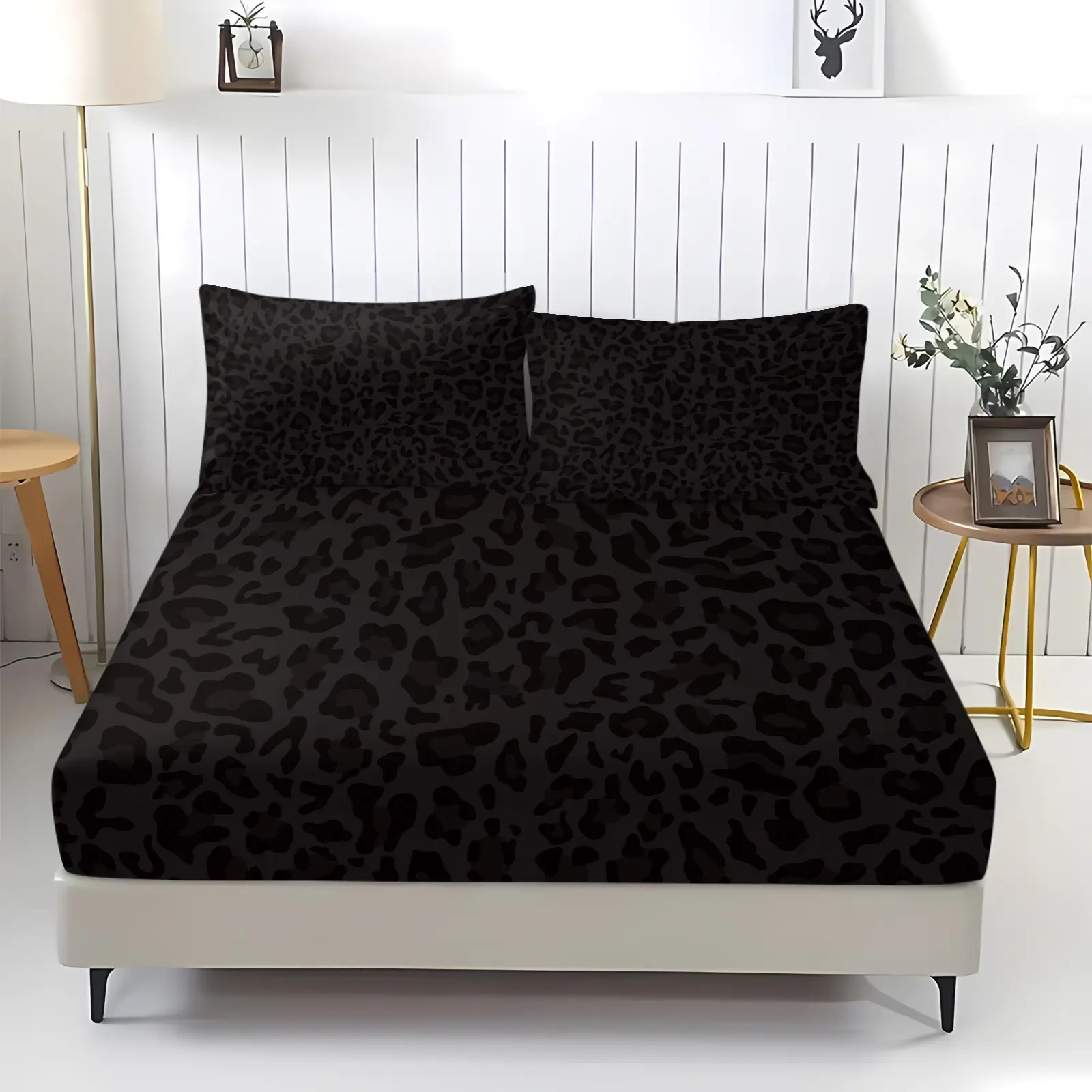 3Pcs Black Leopard Fitted Sheet Set, 1 Fitted Sheet & 2 Pillowcase No Filling Bedding Set, Soft Deep Pocket Bed Sheets Set, Minimal Gothic Leopard Bedding For Bedroom Dorm All Season Decor