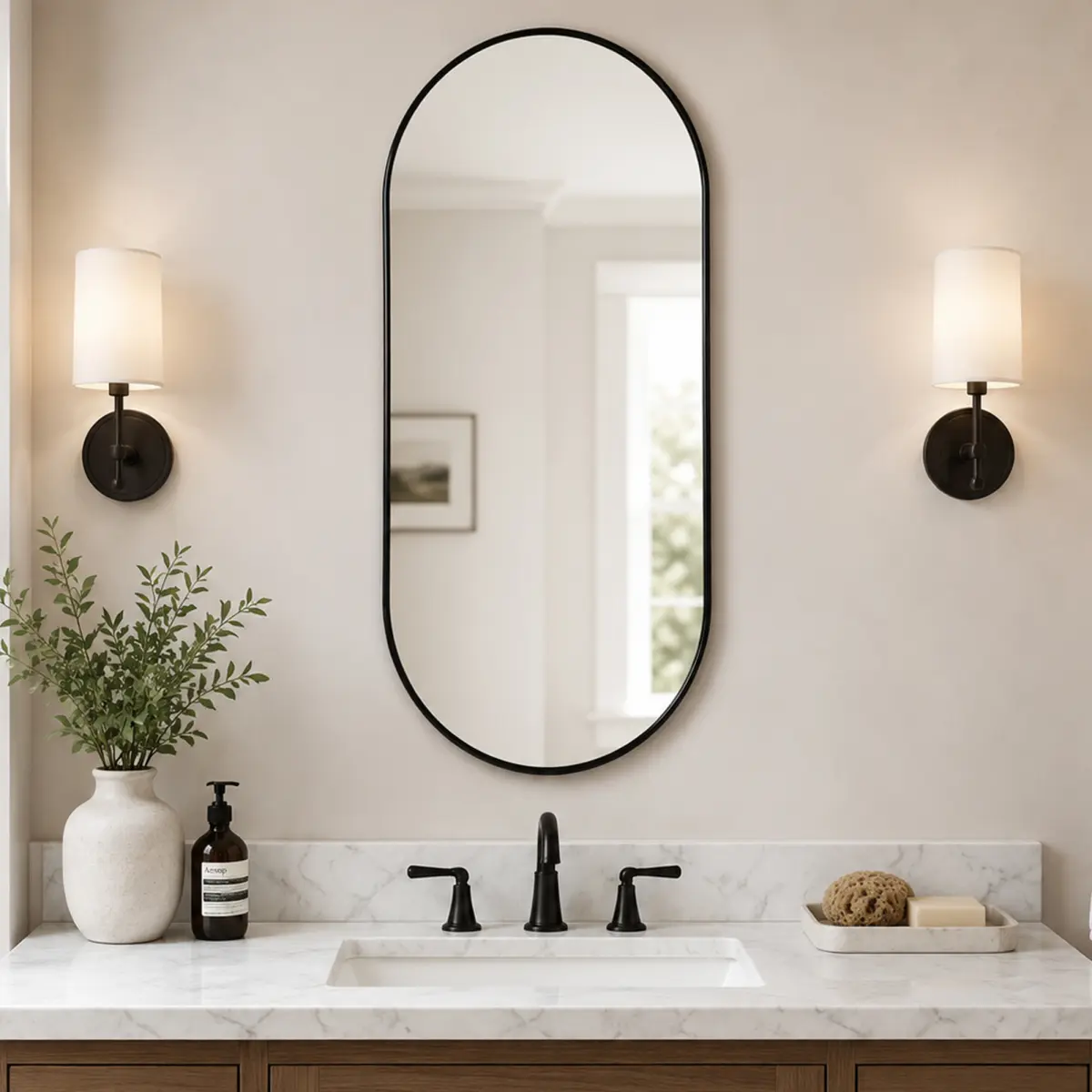 Hanging Vanity Mirror - 16x36 in Oval Tempered Glass, Black PVC Frame, Modern Durable, Moisture-Resistant, Rustproof, High-Definition Imaging, Wall-Mounted Horizontal/Vertical, Without Light, Home Decor for Bathroom, Rooms