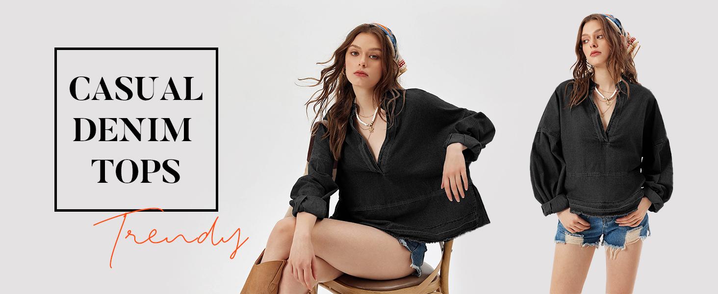 FMEYOA Womens Denim Tops Pullover Trendy Casual V Neck Loose Fit Puff Sleeve Jean Cotton Shirts FMEYOA Womens Denim Tops Pullover Trendy Casual V Neck Loose Fit Puff Sleeve Jean Cotton Shirts