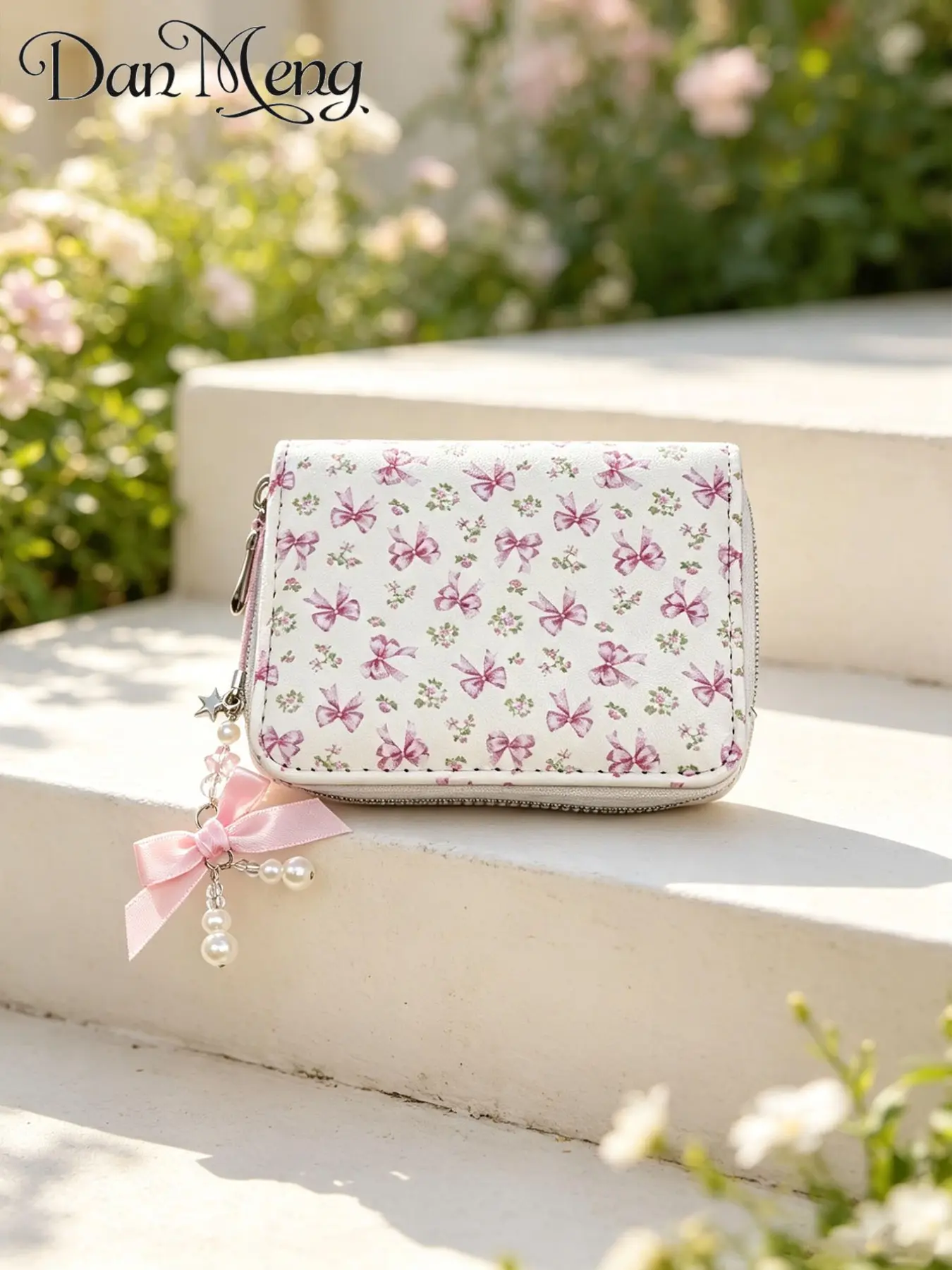 Korean Style Fresh Base Bow Floral Short Wallet, Cute Pearl Bow Charm, Multi-Card Slot, Coin Pouch, All Seasons