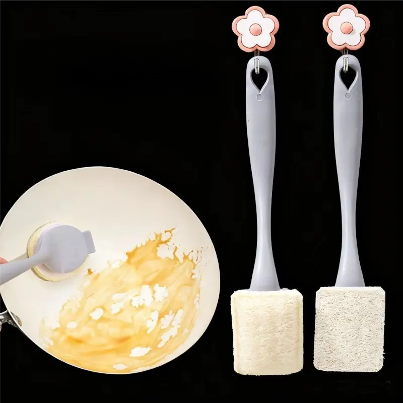 Oil-resistant long-handled luffa pot brush, kitchen non-scratch pot brush with replaceable brush head, natural material cleaning brush