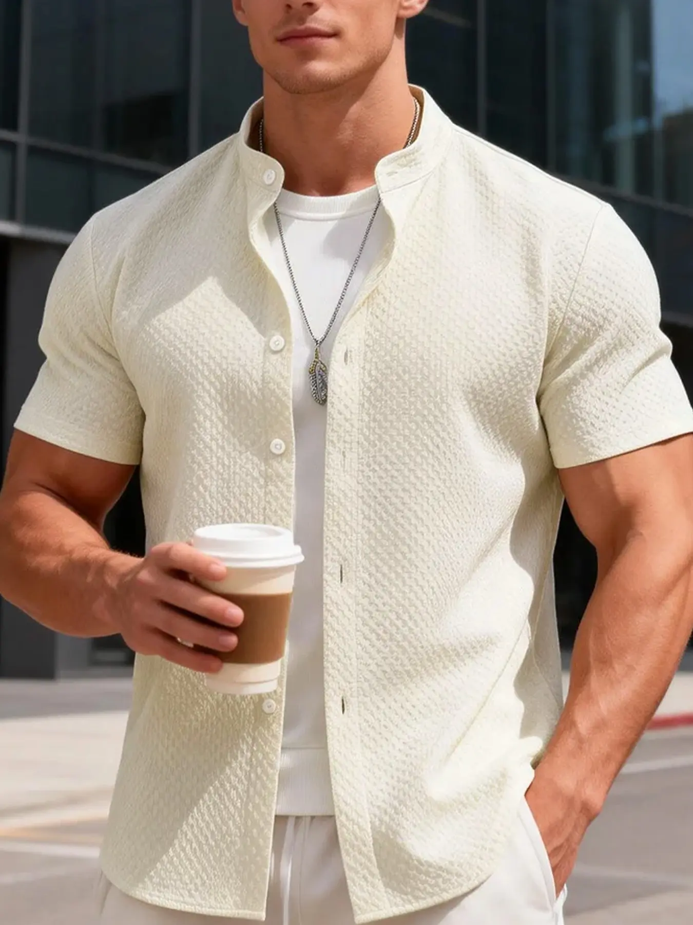 1 Piece Men Short Sleeve Shirt, Cream Bubble Textured Mandarin Collar Button Down Top, New Chinese Light Business Style, Breathable Thin Wrinkle Resistant Fabric For Men Office Daily Casual Wear