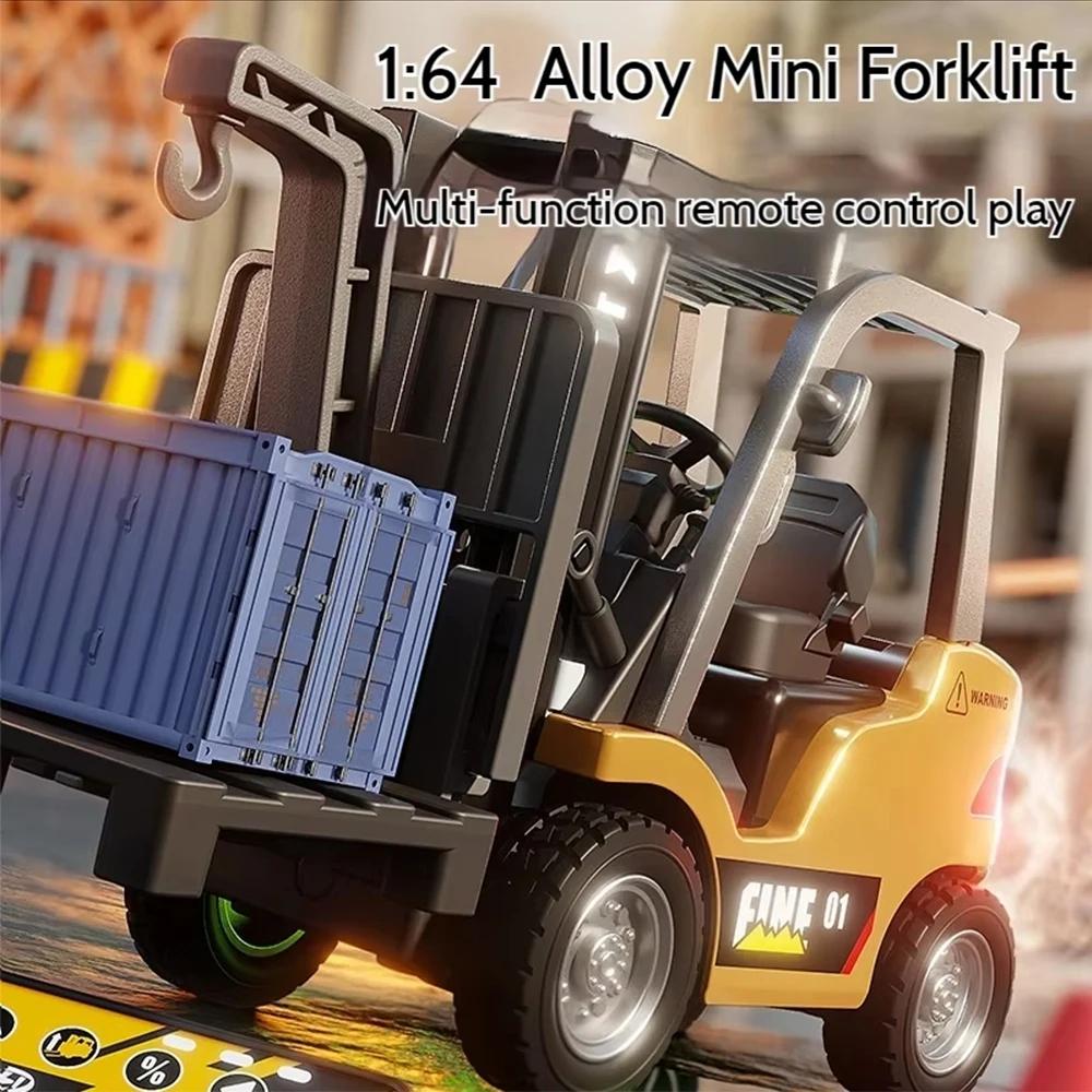 1/64 Alloy Forklift Truck Toy, Mini Remote Control Forklift Truck RC Construction Truck with Rechargeable Battery, 2 in 1 Lift Fork & Hook with Lights & Sounds for Adults Kids Boys Girls Christmas Birthday Gifts