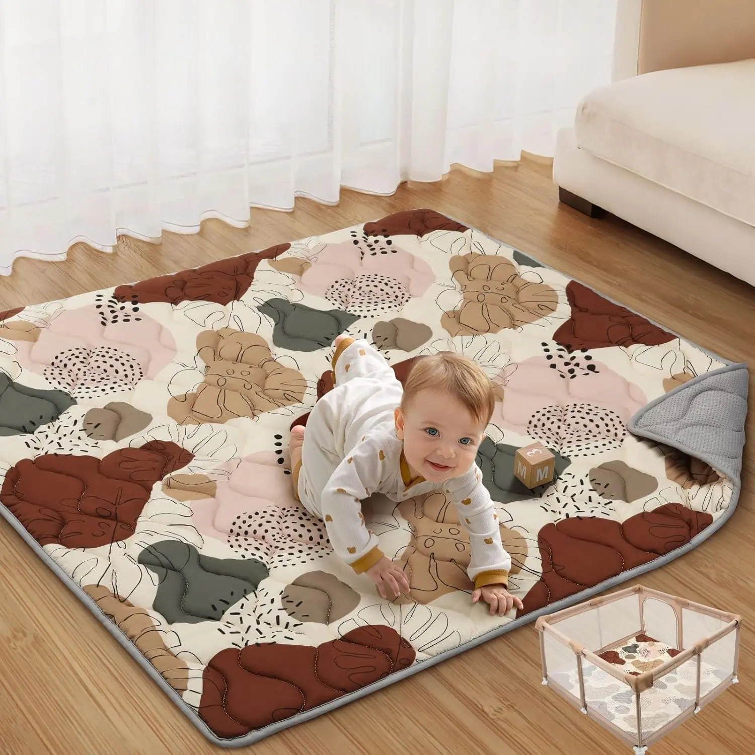 Baby Play Mats  Floor, 50x50 Crawling Mat  Playpen, Thicken Soft Padding Foam Playmats  Babies and Toddlers Infants, Foldable and Machine Washable, Boho Design