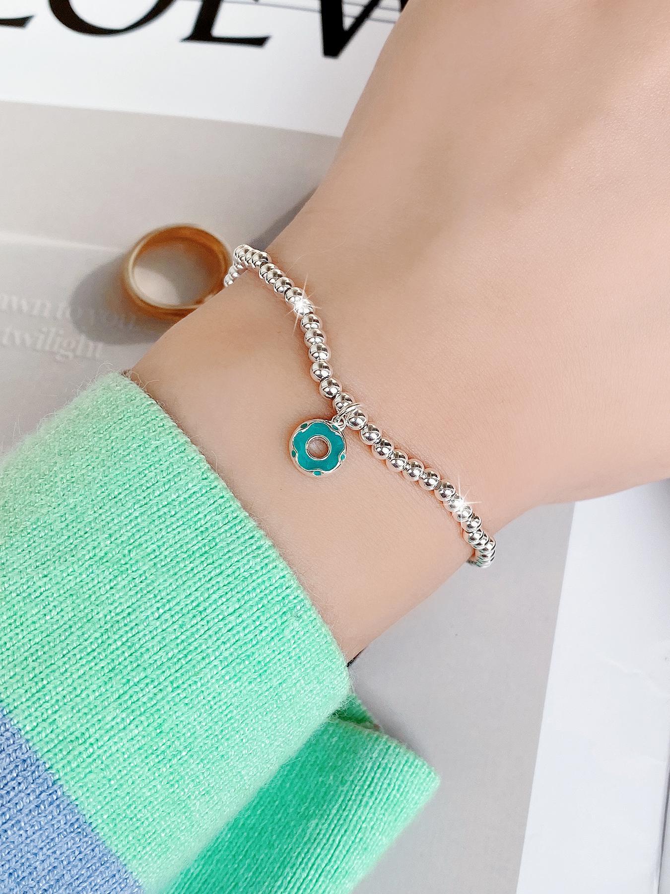 S925 Sterling Silver Cute Donut Design Beaded Bracelet with Pendant, Fashionable Jewelry for Women & Girls, Trendy All-match & Exquisite Jewelry for Birthday Gift