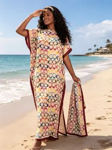 Soft Cream Base Vibrant Multi-Color Interlink Geometric Print Silky Satin Chic Kaftan 2 Piece Outfit with Coordinating Scarf, Oversized Plus Size Loungewear, Versatile Beach Swim Cover Up, Tropical Resort Formal Long Dress