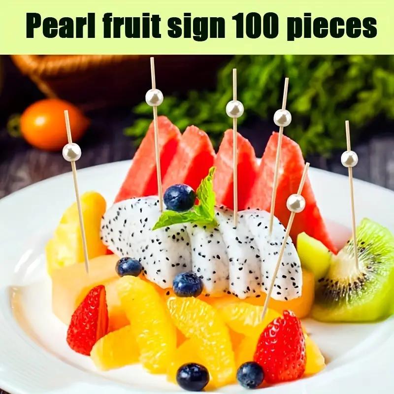 Bamboo Fruit Stick (100pcs), Faux Pearl Decor Cocktail Stick, Party Dessert Stick, Disposable Food Stick for Party, Festive & Party Supplies, Party Accessories, Disposable Cocktail Sticks