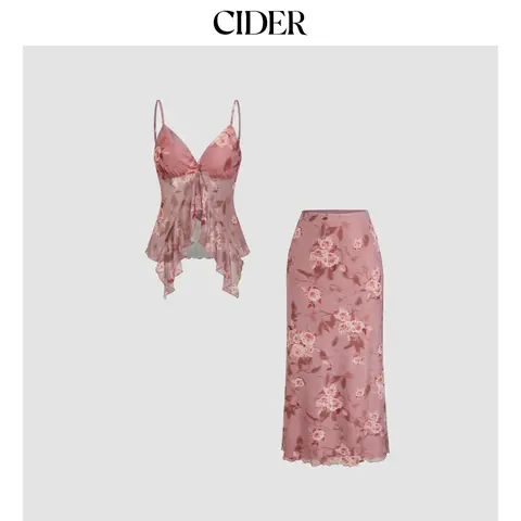 Cider V-neck Floral Ruffle Cami Top & Mid Rise Maxi Skirt Set