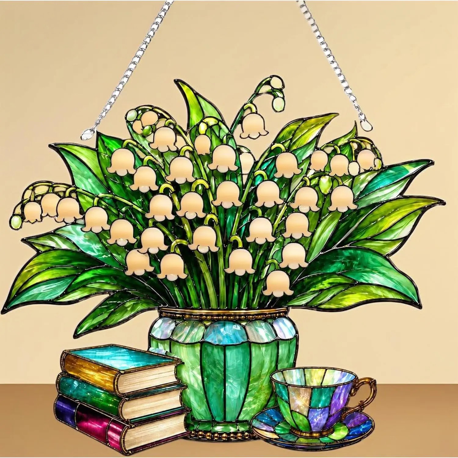 8" Lily of the Valley Book Teacup Stained Glass Suncatcher, Book Reader Window Hanging Decor & Reading Lover Gift