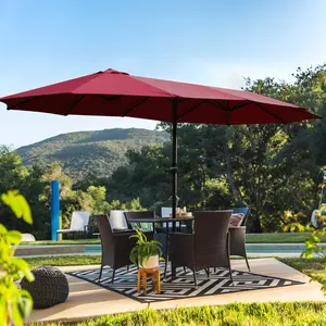 Aobtkel®15x9ft Large Double-Sided Rectangular Outdoor Twin Patio Market Umbrella with light and base- red