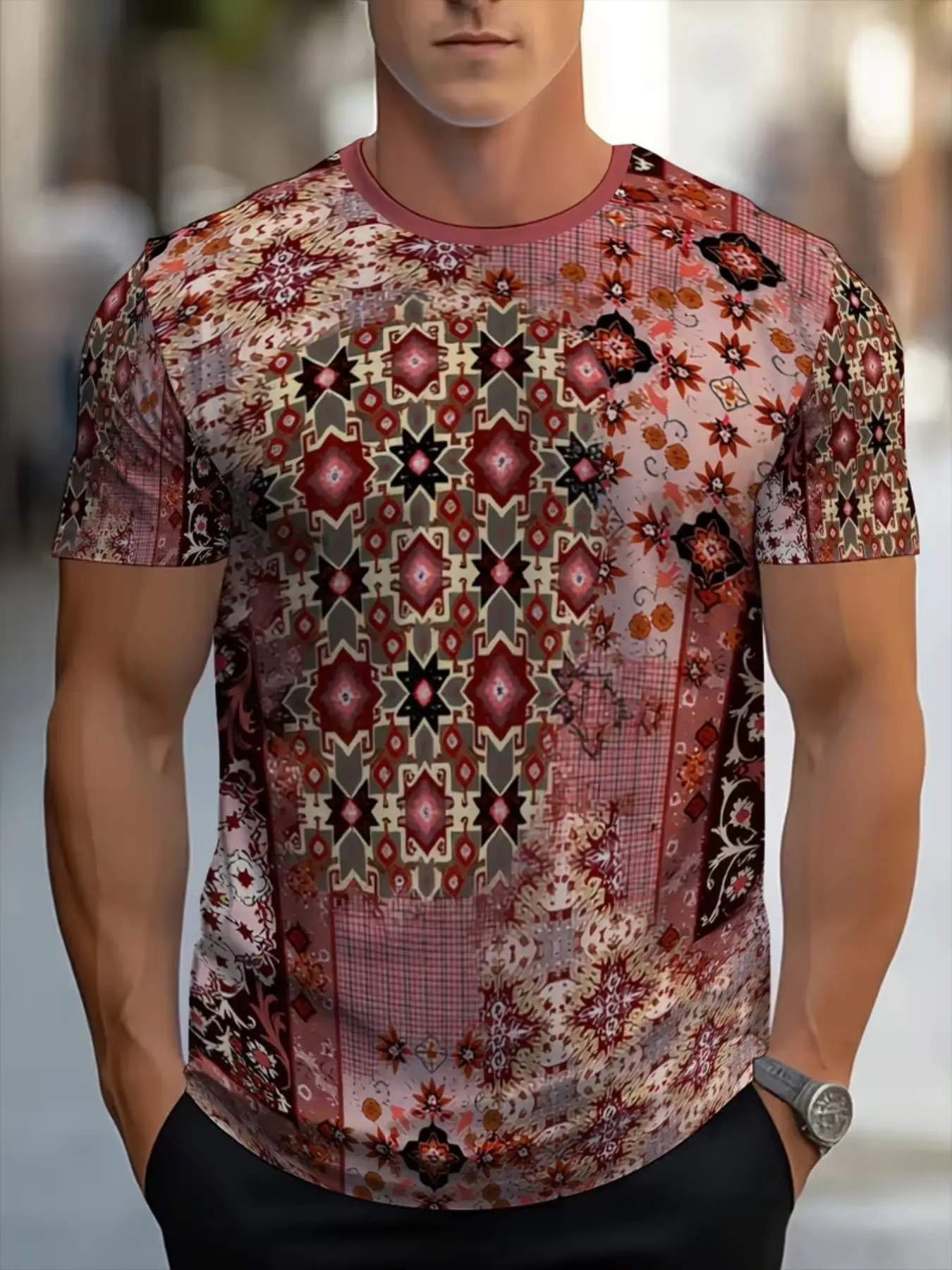 Men's Rainbow Ocean Graphic Print Short Sleeve T-Shirt, Casual Summer Fitted Top, Multicolor Gradient Design, Aesthetic Graphic Tee, Trendy Fashion Tee, Streetwear