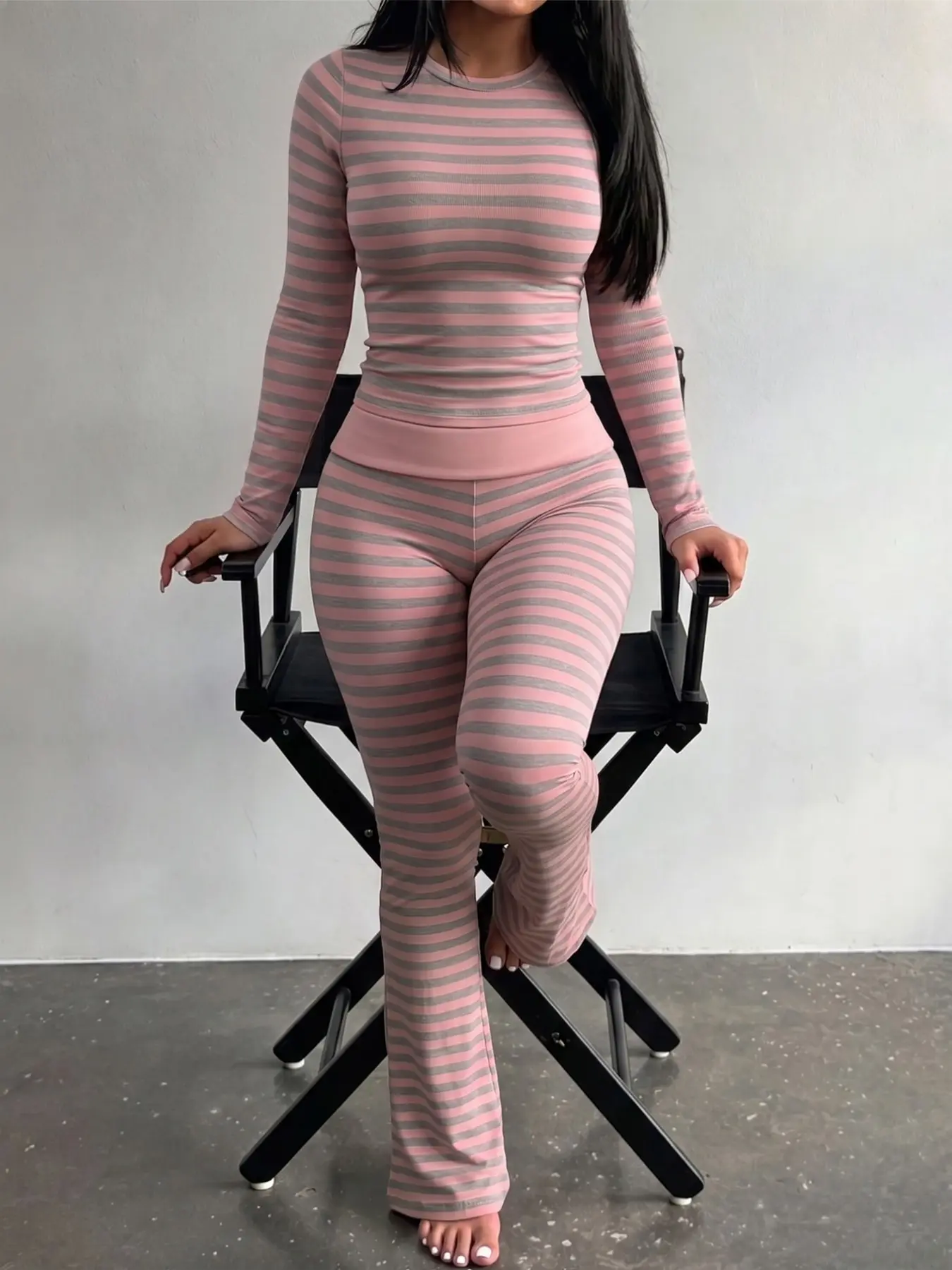 Striped Ribbed Crew Neck Long Sleeve Top Flare Pants Two Piece Set Women Bodycon Matching Outfit ideal for street shooting daily outings date shopping and casual lounge outfits