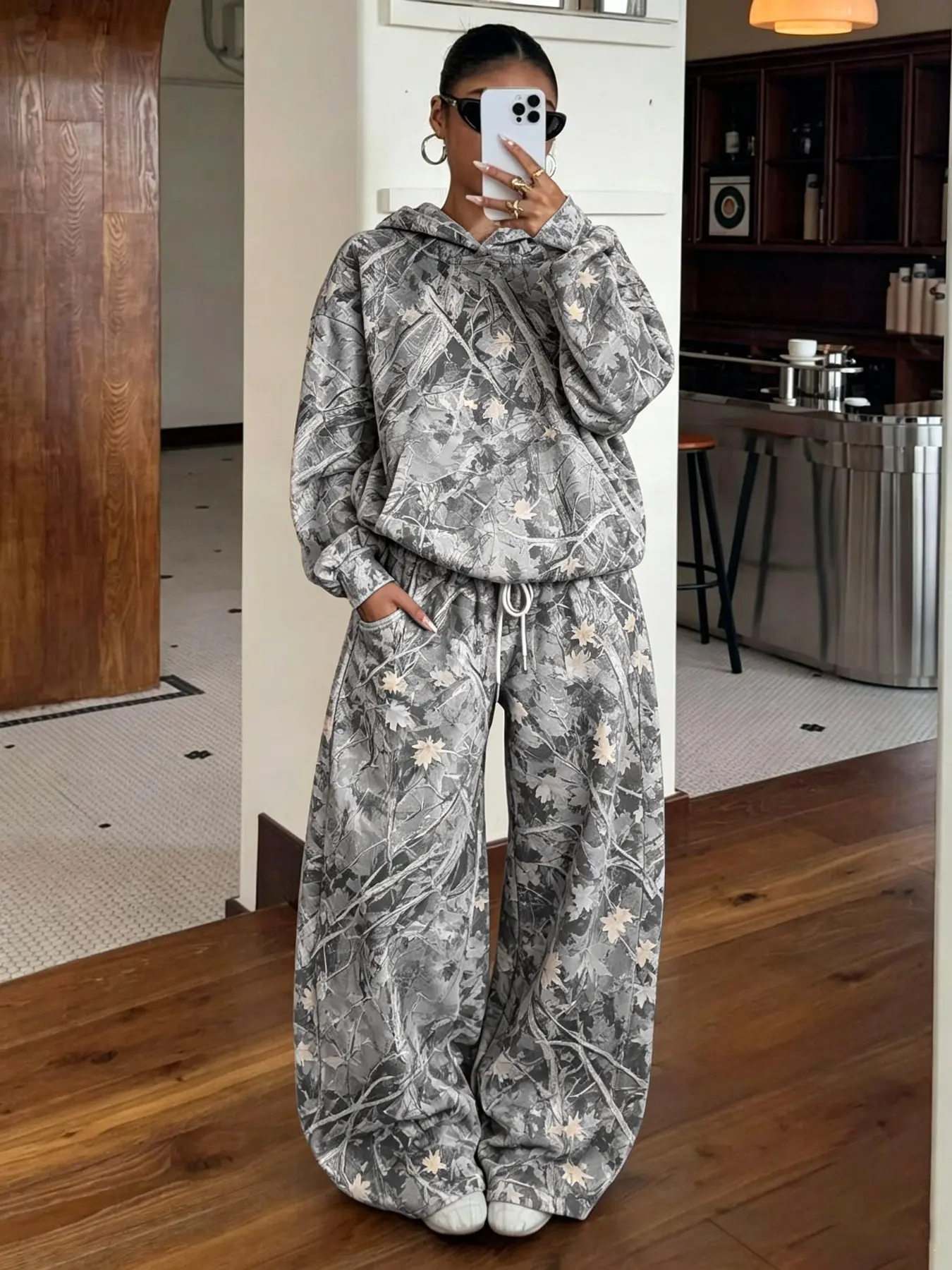 American Vintage Millennial Jungle Camo Set, Loose Hooded Sweatshirt + Drawstring Pants, Women's Casual Streetwear, Breathable Material