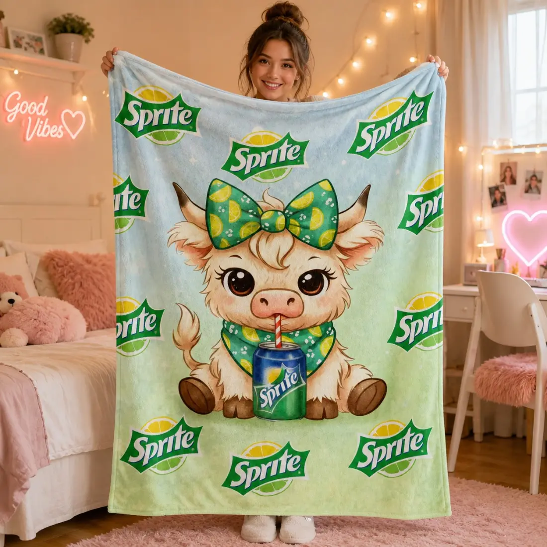 Sprite Highland Cow Cartoon Pattern Flannel Throw Blanket, Classic Sprite Lemon Green Color Cozy Blanket, Soft Warm Lightweight Nap Blanket For Air-Conditioned Room Home Office Travel Camping Perfect Gift For Christmas Birthday Holiday Fan Present