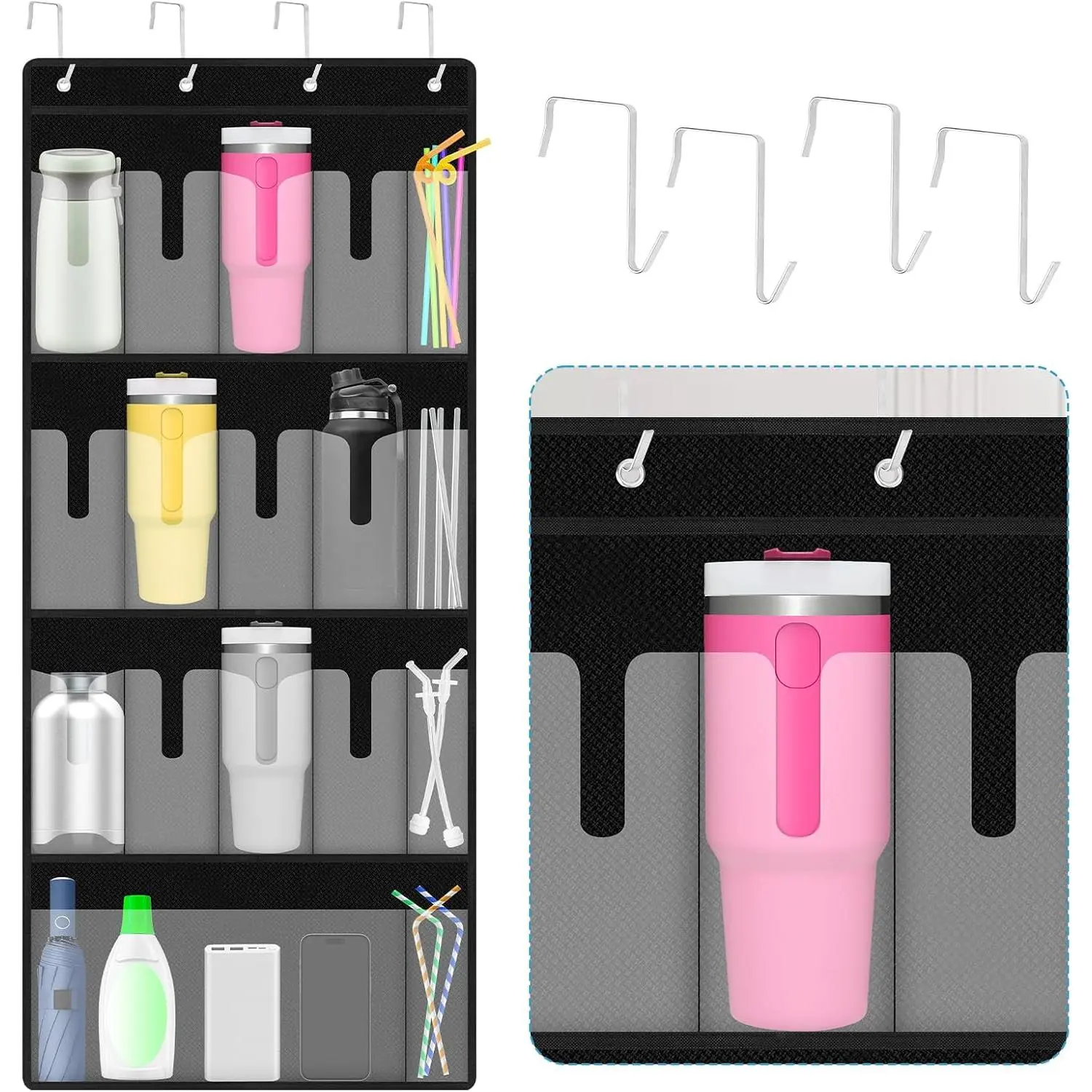 Over the Door Water Bottle Tumbler Organizer, 17 Pockets Large Capacity Cup Organizer for S-tanley 40oz Tumbler, Foldable  Holder with Straw Pocket, Cup Storage  of Door