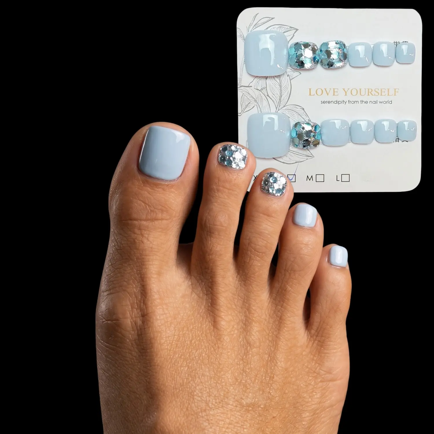 12pcs Handmade Press on Toenails Baby Blue Silver Glitter Sequin False Toenails, Short Square Reusable Acrylic Fake Toe Nails Wearable Nail Art Kit with Jelly Glue and File for Summer Beach