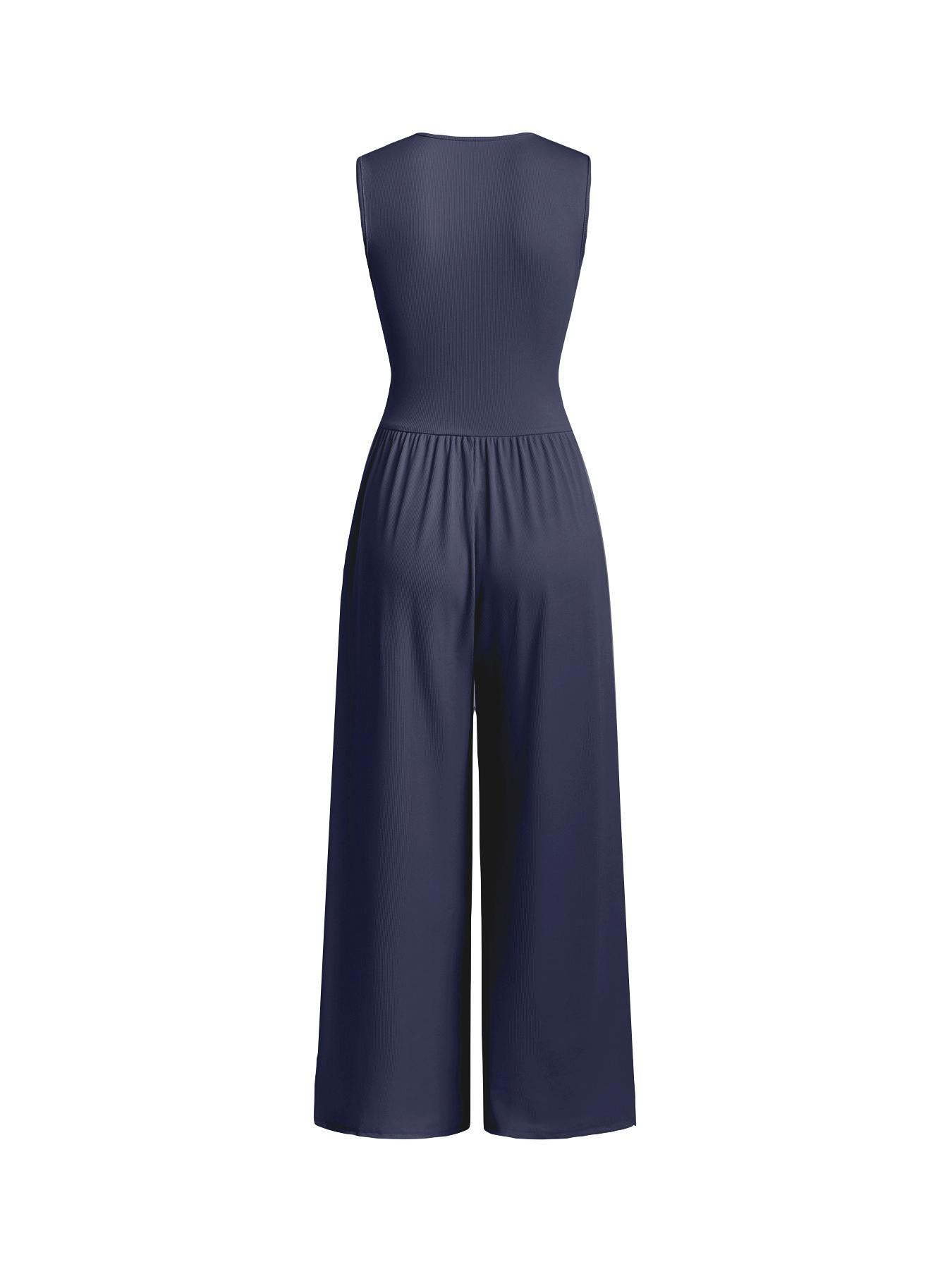 Women's Plain Ruched Deep V Neck Jumpsuit, Elegant Sleeveless Wide Leg Jumpsuit for Summer, Ladies Clothes for Beach Holiday Vacation Style