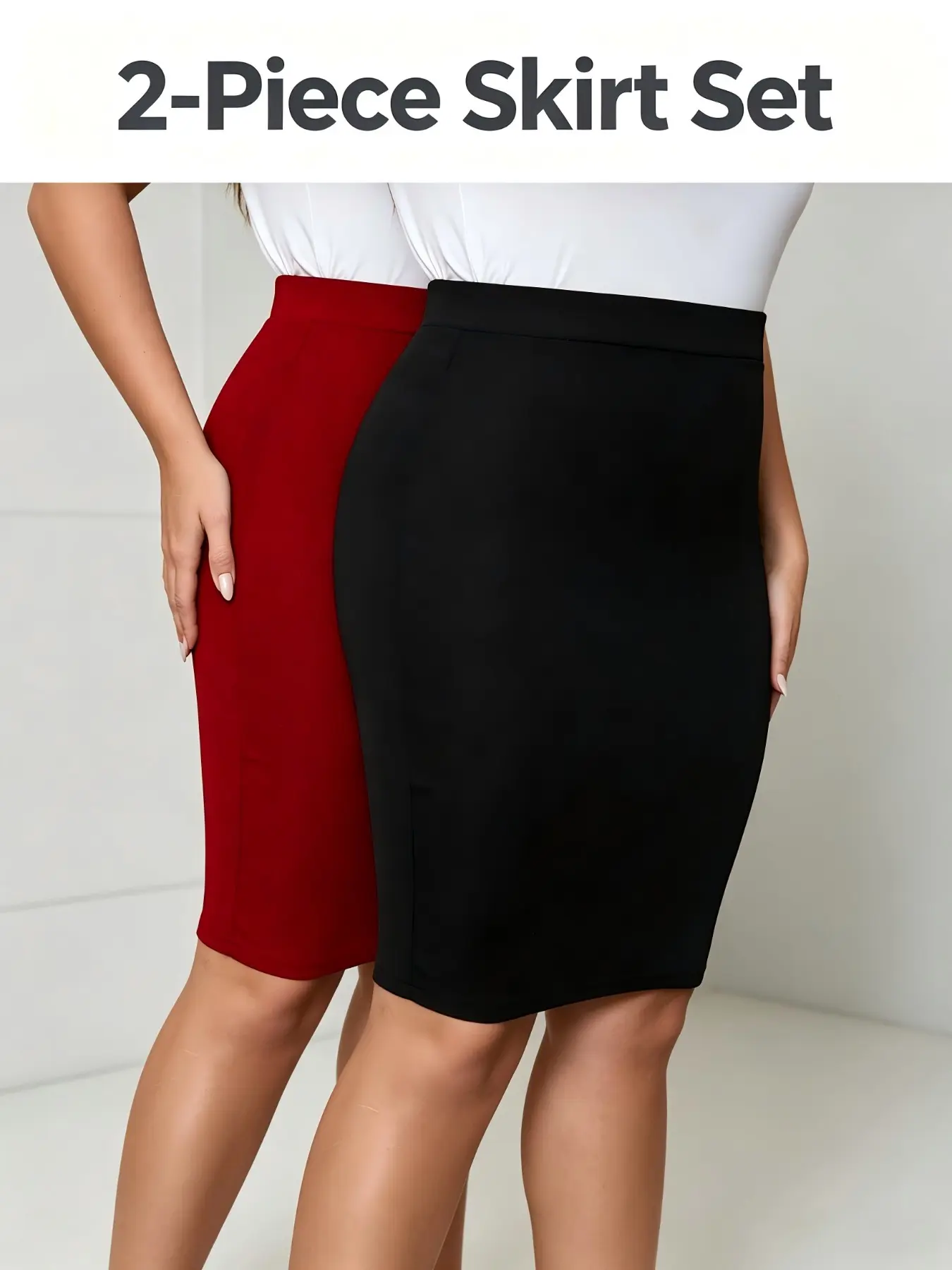 Plus Size Fitted Midi Skirt Set Bottom, High Waist Elastic Fabric, Business Casual Curve Dress, 2 Pieces, 0xl-5xl, Elegant Style