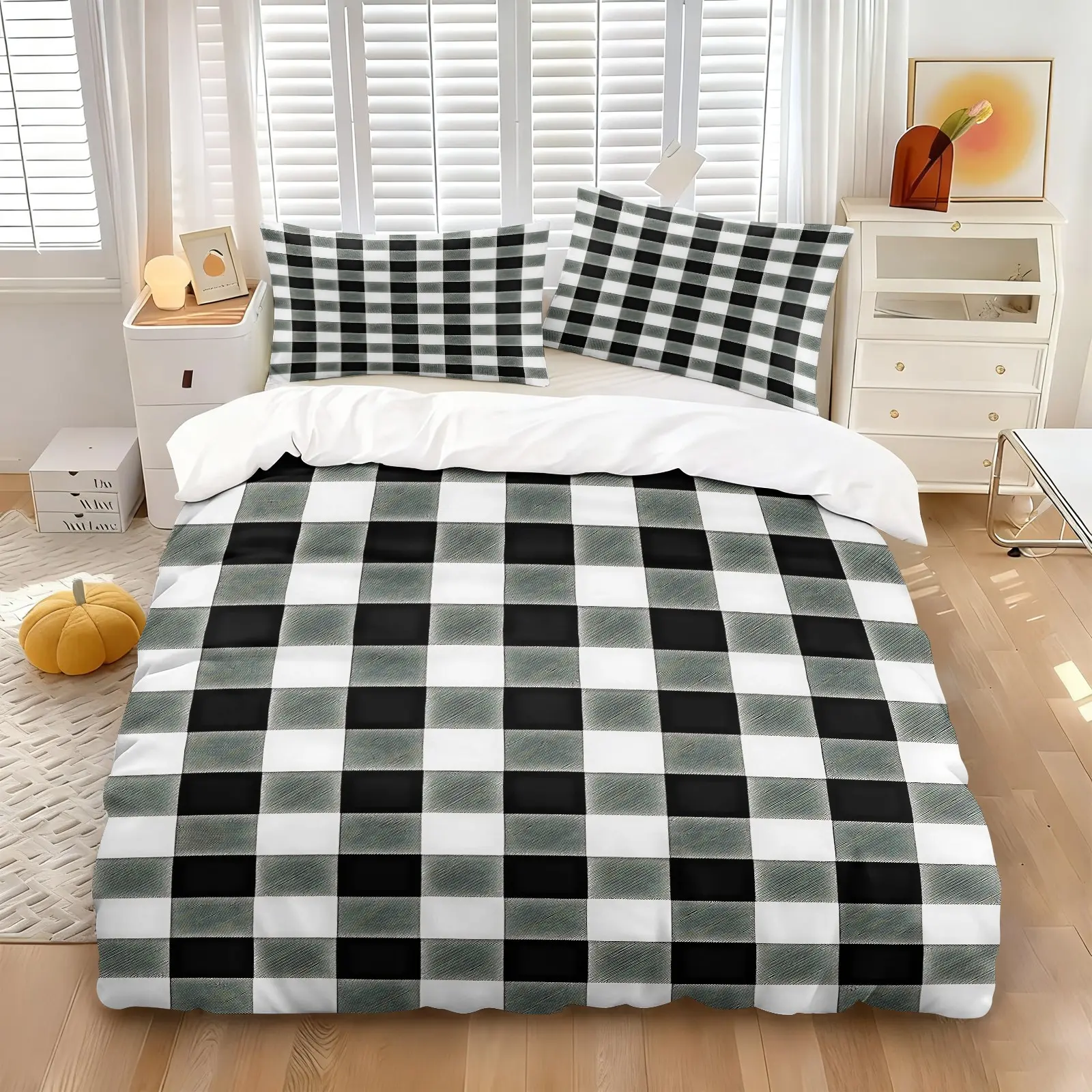 Black White Buffalo Plaid Duvet Cover Set, Include One Comforter Cover and 1/2 Pillowcases, Minimalist Style Versatile Quilt Cover,  Soft Cozy Bed Linen for Home Hotel Bedroom