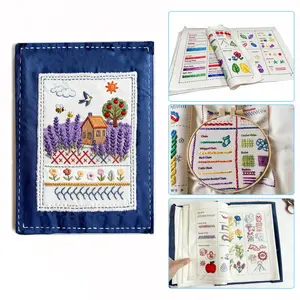 DIY Embroidery Stitch Practice Book Kit Country Lavender Cottage Pre-Printed Fabric Needlework Handbook Starter Set with Embroidery Hoop 24 Colors Thread Needles Instruction for Embroidery Beginners Hand Craft Gift