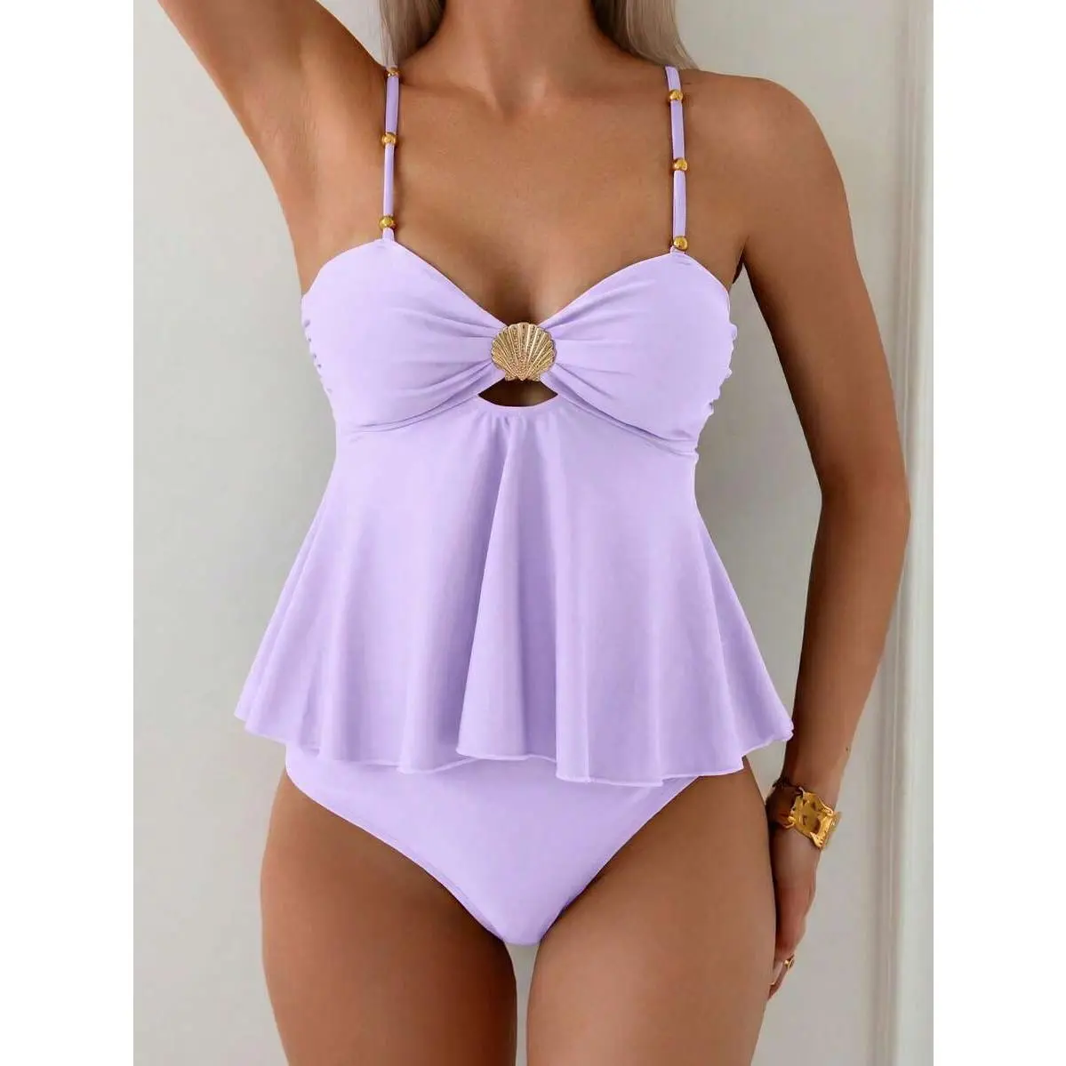 Women's 2 Pieces Elegant Vacation Shell Metal Beaded Tankini Swimwear Set, Khaki, Beach Outfit,tropical,casual