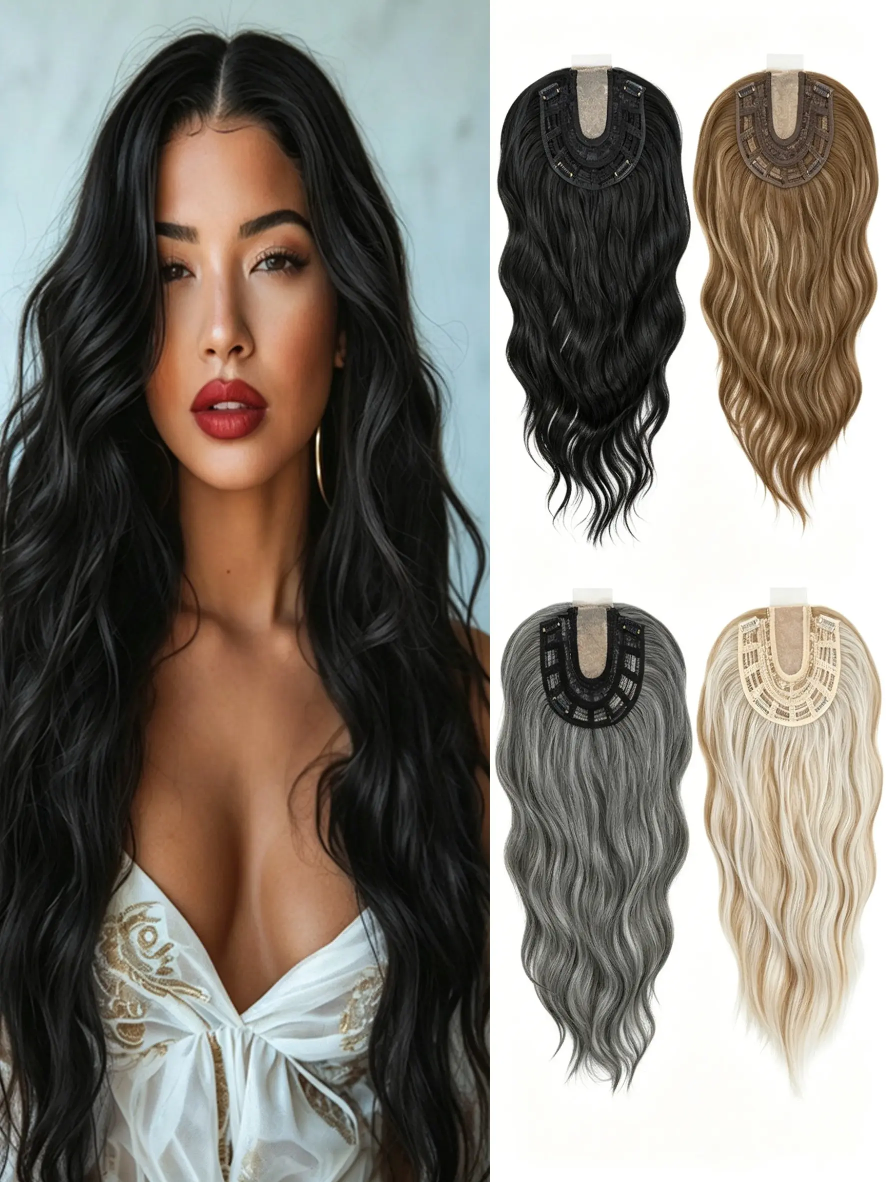 Game changing hair restoration hack! 22in Invisible Lace Crown Hair Topper soft lifelike wavy locks, realistic lace base mimics genuine scalp roots, four timeless shades ideal daily dating bridal and formal party hairstyling, Natural Looking Wig
