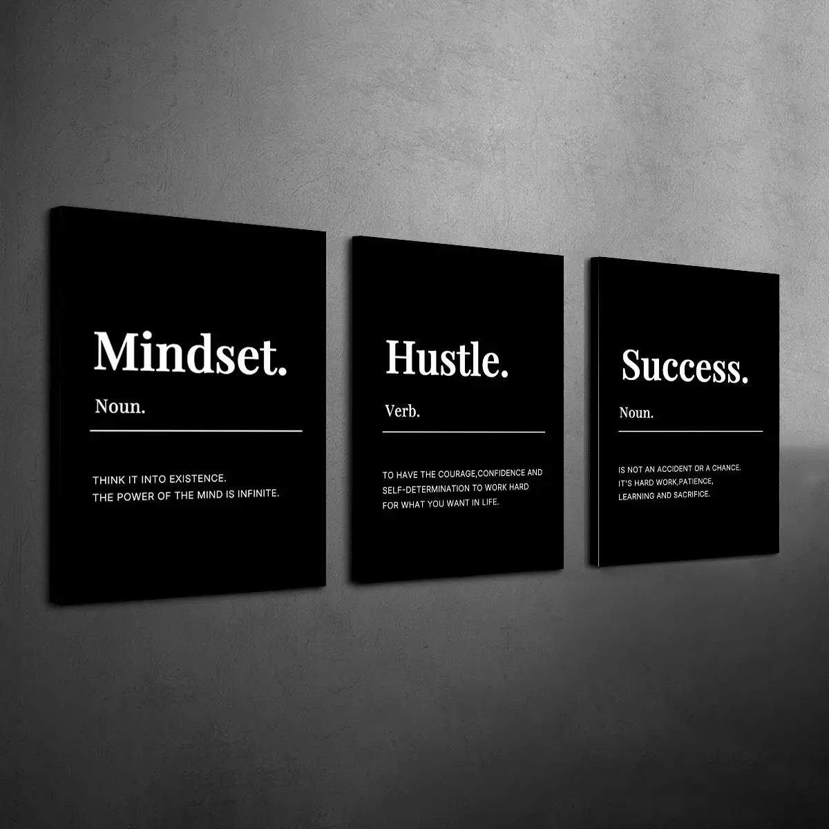 3pcs Set Motivational Mindset Hustle Success Artistic Canvas Wall Art, Stretched Framed Ready to Hang Prints, Inspirational Success Quotes Wall Decor for Home Office and Bedroom, Modern Minimalist Typography Wall Painting (Internal Wood Frame Included)