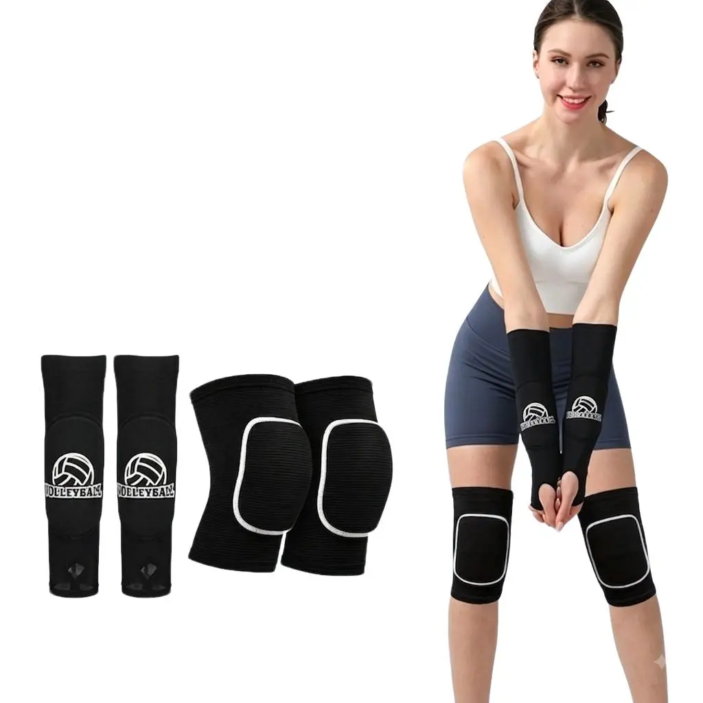 4pcs Volleyball Arm Sleeves Knee Pads Set, Professional Padded Forearm, Thumb Hole, Breathable, Shock Absorption, for Youth Teen Girls Women