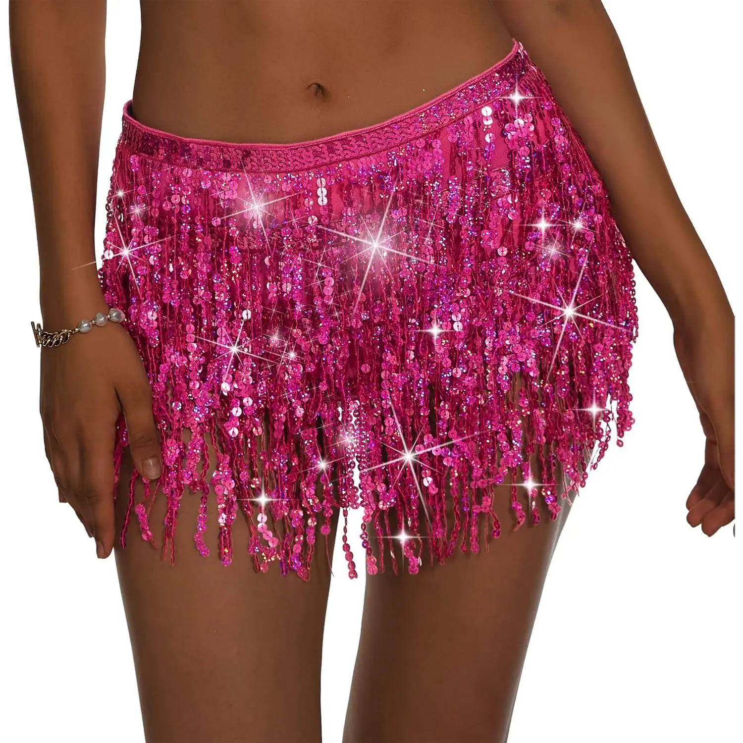 Women’s Sequin Belly Dance Hip Scarf Skirt, Sparkly Tassel Wrap Fringe Skirt for Dance, Festival, Party & Costume Outfit